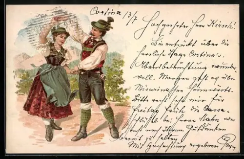 Lithographie Trachtenpaar beim Tanz vor Bergkulisse