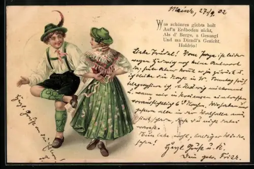 Lithographie Schuhplattler und Dirndl beim Tanz