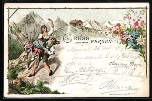 Lithographie Trachtenpaar tanzt in den Bergen