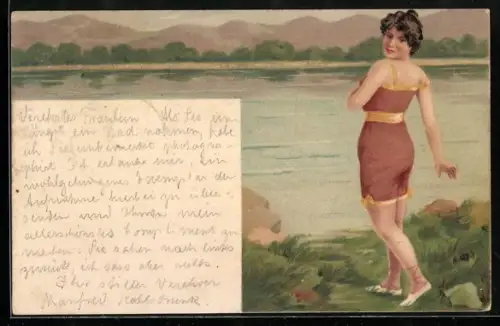 Lithographie Junge Dame im Badeanzug an einem See