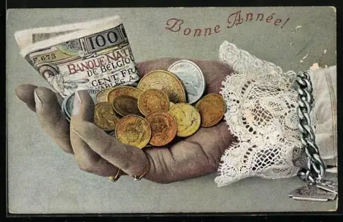 AK Hand mit Geldmünzen und Banknote