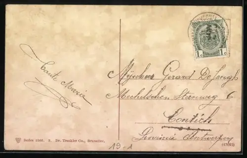 AK Hand mit Geldmünzen und Banknote