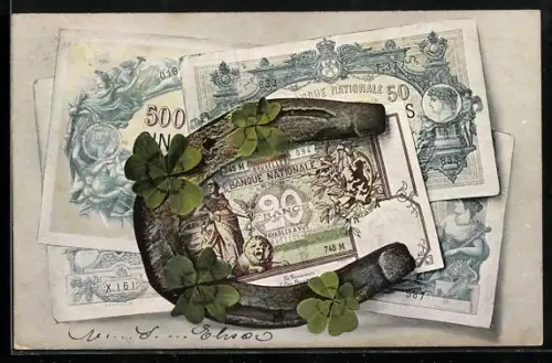 AK Geldscheine, Hufeisen u. Glücksklee