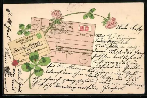Präge-Lithographie Postanweisung, Postkarte, Glücksklee, Marienkäfer