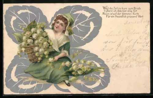 Präge-AK Karte statt Brief, Gedicht, Kind mit Maiglöckchen-Korb, stilisiertes Kleeblatt