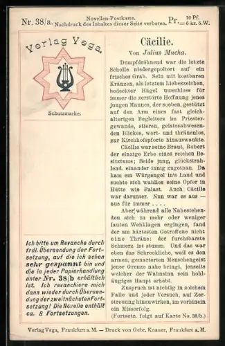 AK Reklame des Verlages Vega mit Ausschnitt aus Cäcilie von Julius Mucha