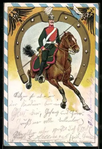 Lithographie Deutsche Kavallerie, Kavallerist in Uniform zu Pferd, Hufeisen