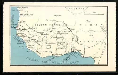 Künstler-AK Bingerville, Landkarte mit Bamako, Accra und Lagos