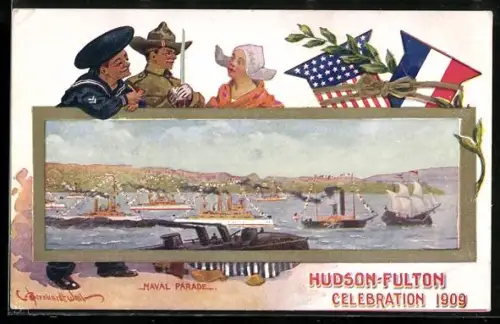 Künstler-AK New York, NY, Hudson-Fulton Celebration 1909, Naval Parade