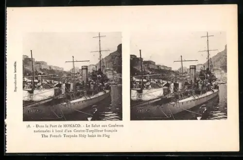 AK Monaco, Dans le Port, Le Salut aux Couleurs naitonales à bord d`un Contre-Torpilleur francais