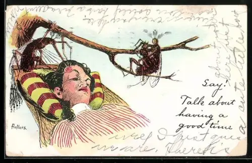 Lithographie Käfer bei einer schlafenden Dame