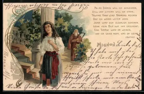 Lithographie Mignon, Mann mit Harfe hinter einer Frau, Goethe