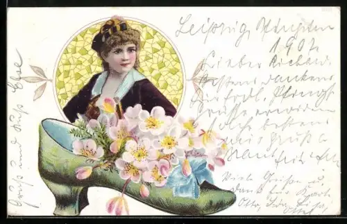 Lithographie Porträt einer jungen Dame, Schuh mit rosanen Blumen, Jugendstil