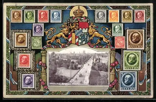 AK München, Briefmarken aus Bayern und Blick vom Maximilianeum