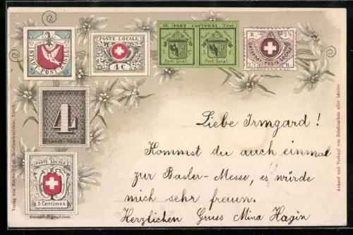 AK Schweizer Briefmarken umgeben von Edelweiss