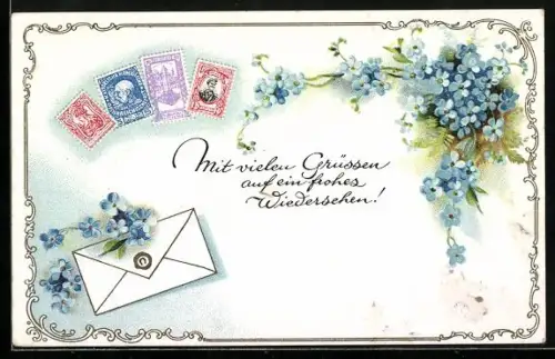 Künstler-AK Vier Briefmarken, Brief mit Vergissmeinnicht