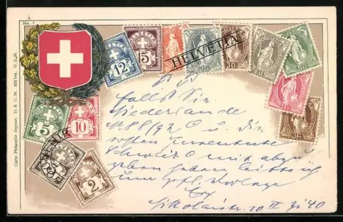 AK Schweizer Briefmarken und Schweizer Wappen