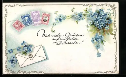 Künstler-AK Briefmarken mit Brief und Vergissmeinnicht