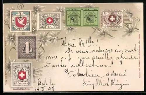 AK Schweizer Briefmarken von Zürich und Basel mit Edelweiss