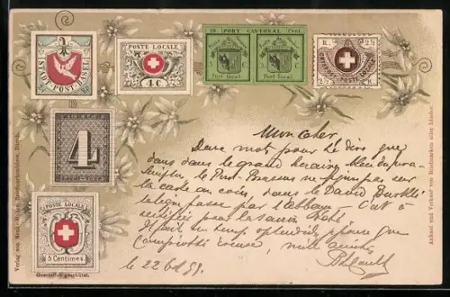 AK Schweizer Briefmarken umgeben von Edelweiss