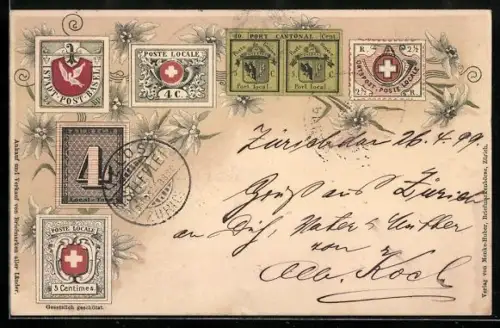 AK Briefmarken der Schweiz mit Edelweiss