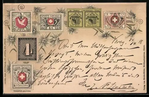 AK Briefmarken der Schweiz mit Edelweiss