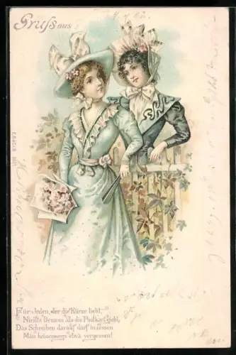 Künstler-AK Elegante Damen stehen an einem Zaun