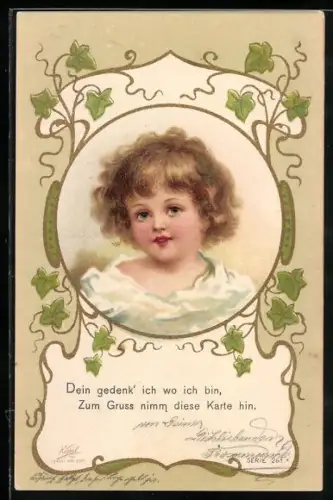 Lithographie Glückwunsch zum neuen Jahre, Blondschopf und Efeu