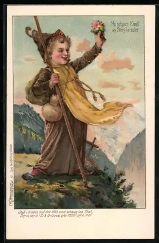 AK Münchner Kindl als Bergkraxler, Steh` i` droben auf der Höh` und schaug in`s Thal