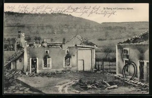 AK St. Remy, Ruines après le bombardement avec collines en arrière-plan