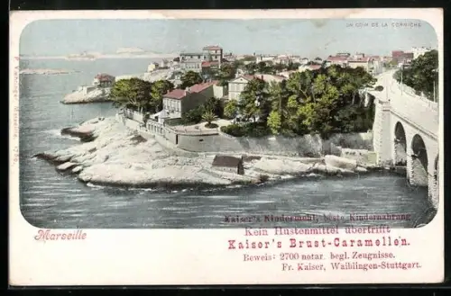 AK Marseille, Un coin de la Corniche, Reklame für Kaisers Brust-Caramellen