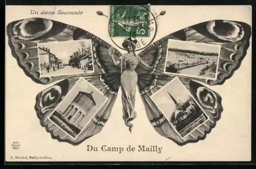 AK Camp de Mailly, Frau mit Schmetterlingsflügeln, Kirche, Strassenpartie