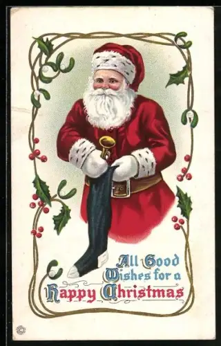 AK Weihnachtsmann mit Strumpf und Musikinstrument