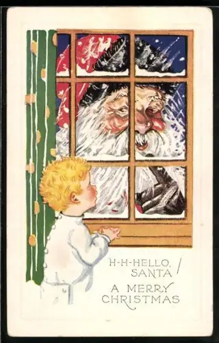 AK Hello Santa! A Merry Christmas, Junge erblickt Weihnachtsmann