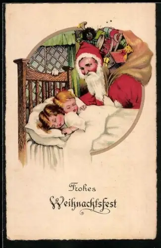 AK Weihnachtsmann bei schlafenden Kindern, Weihnachtsgruss