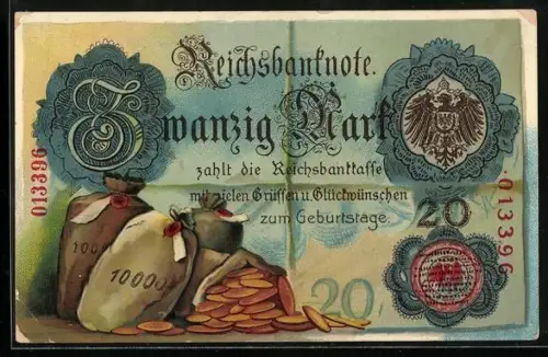 AK Reichsbanknote über Zwanzig Mark, Reichsadler und Geldsäcke