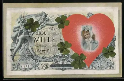 AK Geldschein, geschmückt mit Kleeblättern und dem Portrait einer Dame in einem Herzen