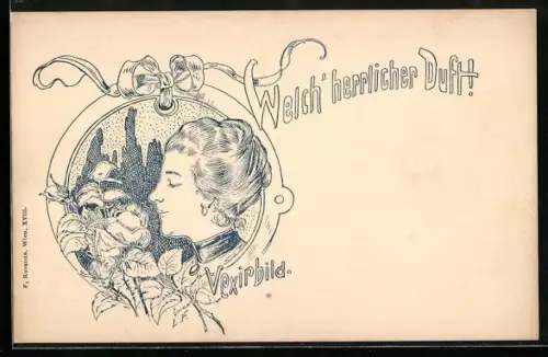 Künstler-AK Dame riecht an einer Rose, Vexirbild