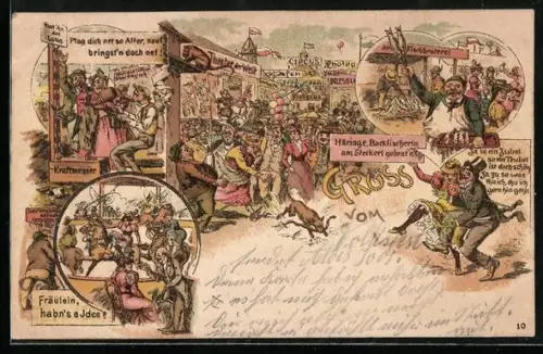 Lithographie Volksfest mit Theater der Welt, Kraftmesser, Fischbraterei und vieles andere