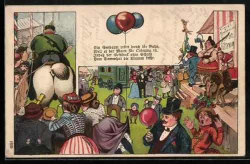 Lithographie Gendarm reitet über ein Volksfest