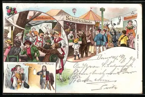 AK Volksfest mit Waffelbäckerei, Schiessbude, Riesen-Dame und Schnell-Photograph