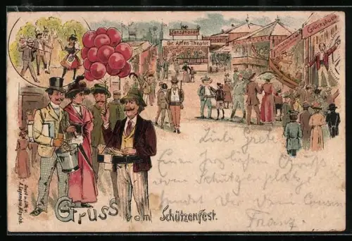 Lithographie Gruss vom Schützenfest, Gäste auf einem Jahrmarkt