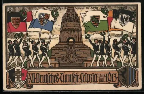 AK Leipzig, XII. Deutsches Turnfest 1913, Völkerschlacht-Denkmal, Turner mit Fahnen