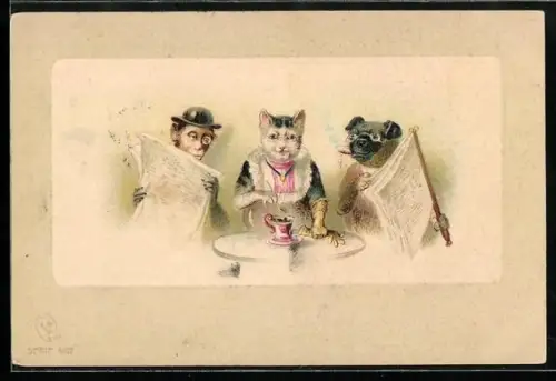 Künstler-AK Katze, Affe und Hund sitzen am Tisch und lesen Zeitung