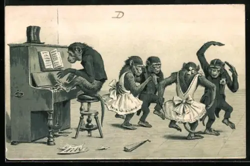 AK vermenschlichte Tiere, Affen tanzen zur Klaviermusik
