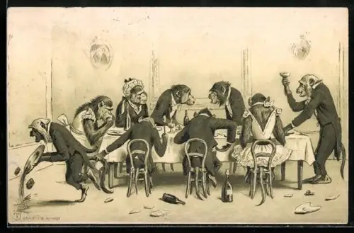 AK Feiernde Affen am Tisch, vermenschlichte Tiere