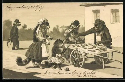 AK Affe mit Katzen bei der Sortierung von Mäusen, vermenschlichte Tiere