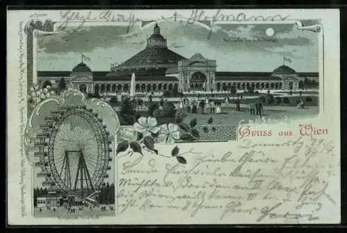 Mondschein-Lithographie Wien, Rotunde am Wiener Prater mit Riesenrad