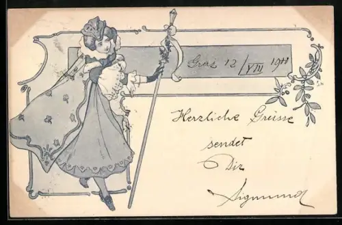 Lithographie Dame in historischem Gewand mit Stab, Jugendstil