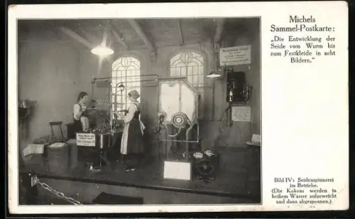 AK Berlin, Werbekarte Seidenhaus Michels, Leipziger Strasse 43-44, Seidenspinnerei im Betrieb